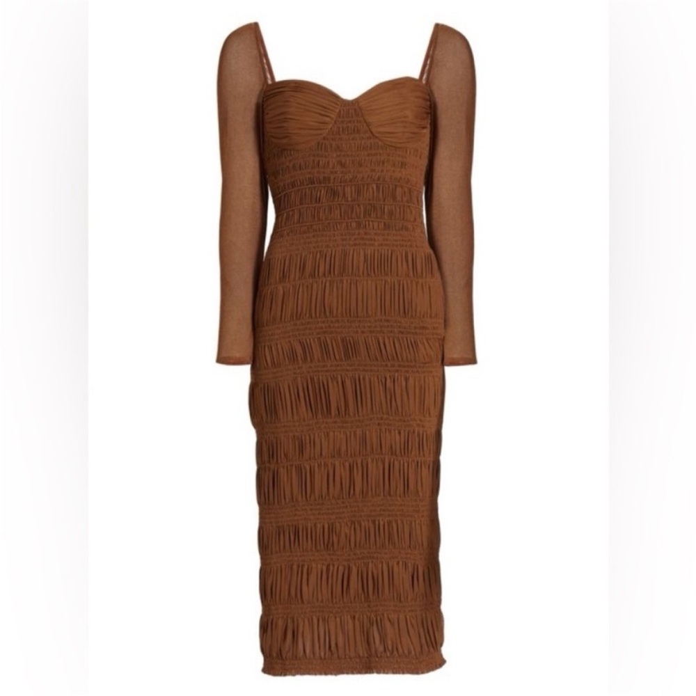 Self Portrait Midi Dress Shirred Mesh Long Sleeve Ruched Chocolate Brown Size 6 - Picture 4 of 13